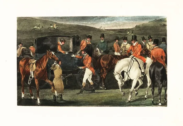 Framed Print : Victorian gentlemen on horseback gathering for a stag hunt Framed Print : Victorian gentlemen on horseback gathering for a stag hunt