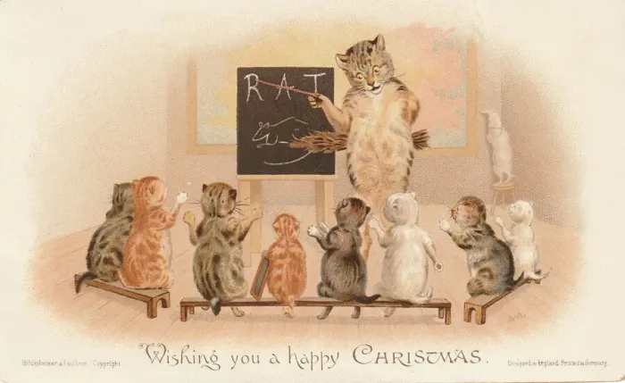 Framed Print : Victorian Greeting Card - The Cat School Framed Print : Victorian Greeting Card - The Cat School