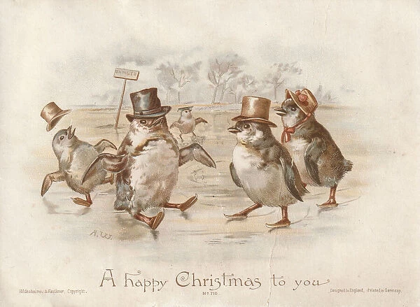 Victorian Greeting Card - Penguins Skating