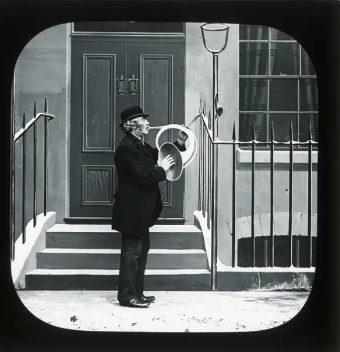 Framed Print : Victorian horn player in a street Framed Print : Victorian horn player in a street