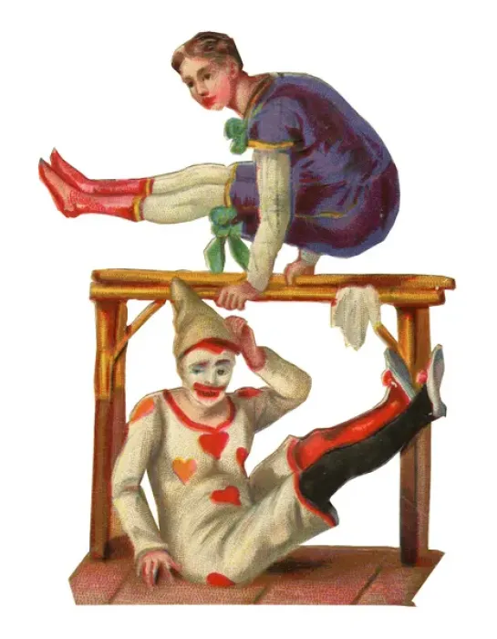 Framed Print : Victorian Scrap, acrobat and clown Framed Print : Victorian Scrap, acrobat and clown