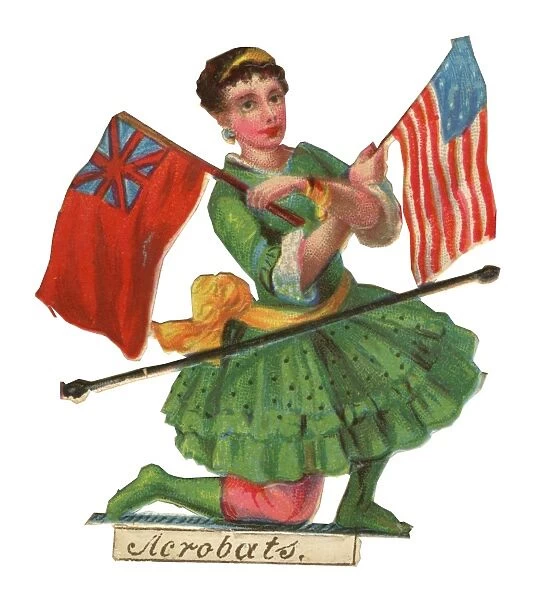 Victorian Scrap, acrobat woman with flags