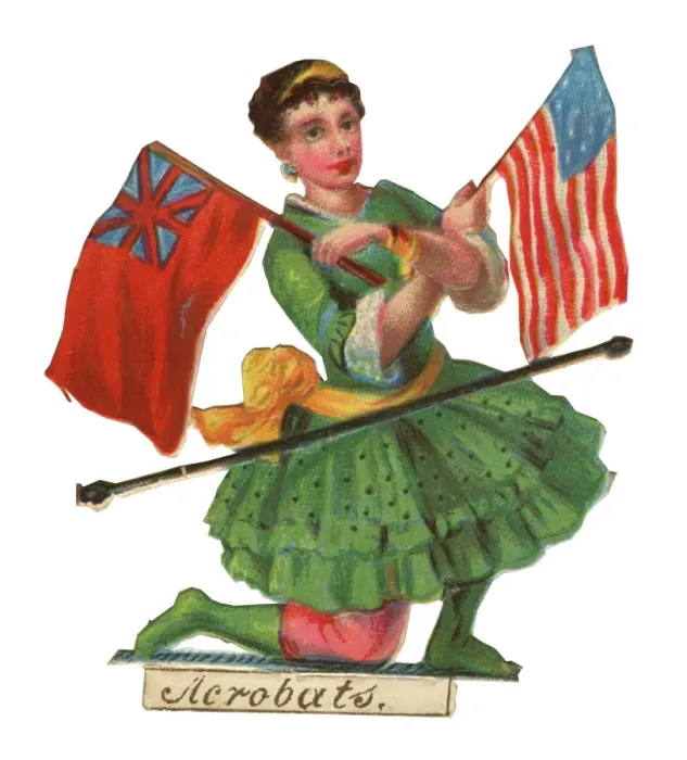 Framed Print : Victorian Scrap, acrobat woman with flags Framed Print : Victorian Scrap, acrobat woman with flags