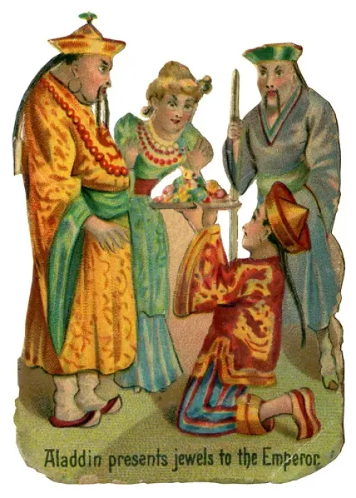 Framed Print : Victorian Scrap - Aladdin presents jewels to the Emperor Framed Print : Victorian Scrap - Aladdin presents jewels to the Emperor