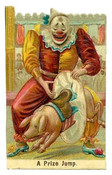 Victorian Scrap - Circus Clown with Pig and Hoop