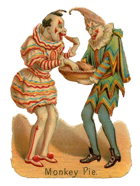 Victorian scrap - circus clowns eating monkey pie