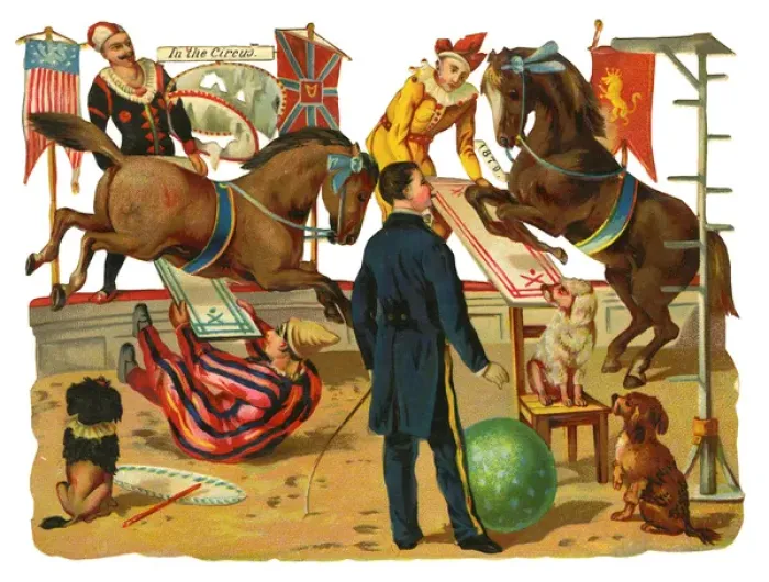 Framed Print : Victorian Scrap, circus ring with performers and animals Framed Print : Victorian Scrap, circus ring with performers and animals