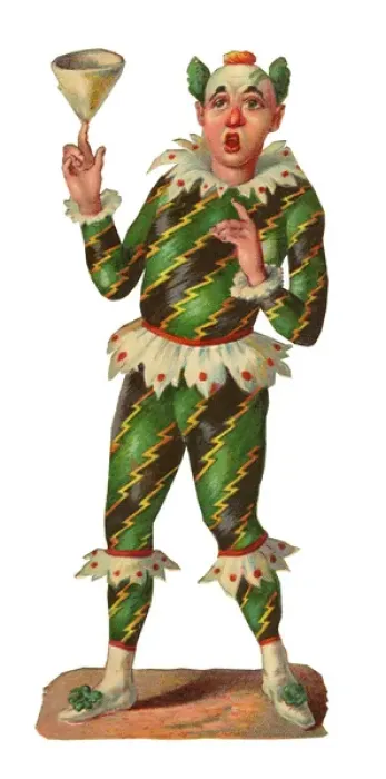 Framed Print : Victorian Scrap, clown in green and black Framed Print : Victorian Scrap, clown in green and black