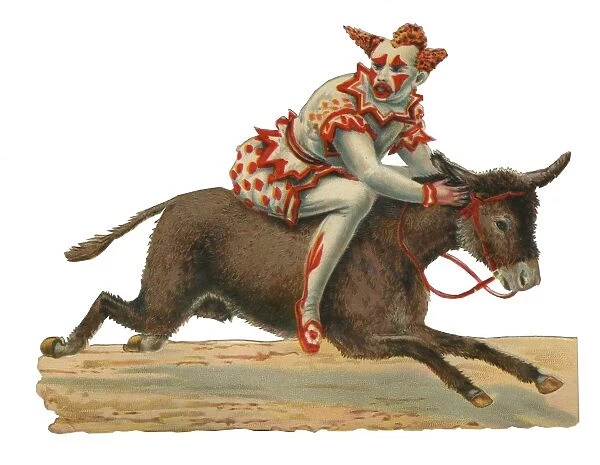 Victorian Scrap, clown riding a donkey