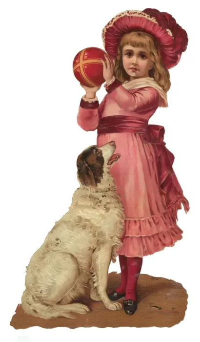 Framed Print : Victorian scrap - girl and dog with ball Framed Print : Victorian scrap - girl and dog with ball