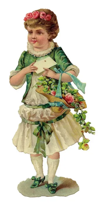 Framed Print : Victorian scrap, girl with letter and basket of flowers Framed Print : Victorian scrap, girl with letter and basket of flowers