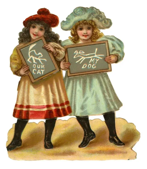 Framed Print : Victorian Scrap, two girls with slates Framed Print : Victorian Scrap, two girls with slates