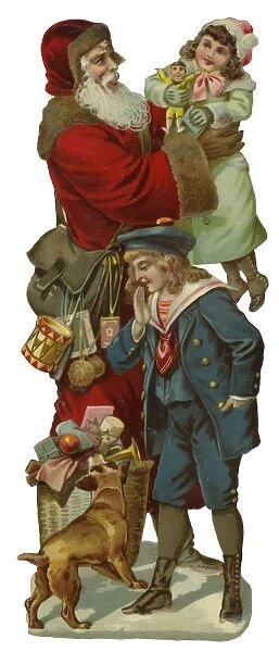 Victorian Scrap - Santa with children, dog and presents