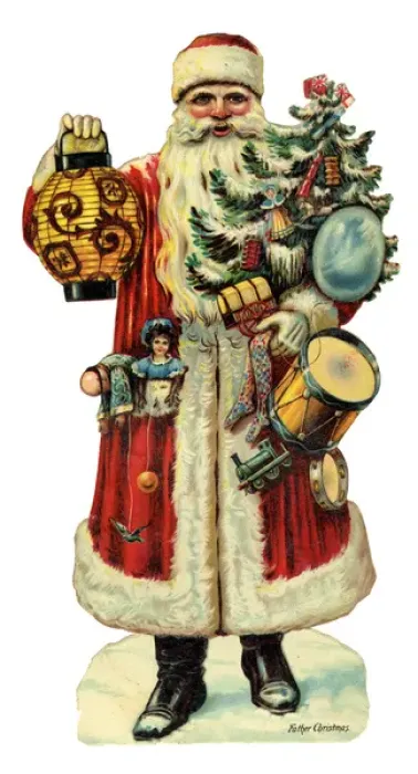 Framed Print : Victorian Scrap - Santa holding lantern, tree and presents Framed Print : Victorian Scrap - Santa holding lantern, tree and presents