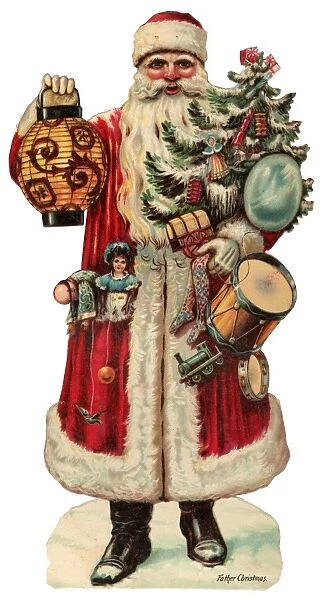 Victorian scrap - Santa with lantern, tree and presents