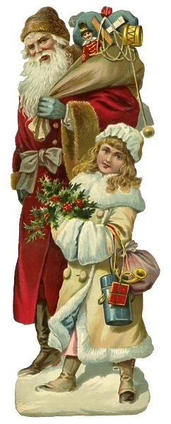 Victorian Scrap - Santa with sack and girl