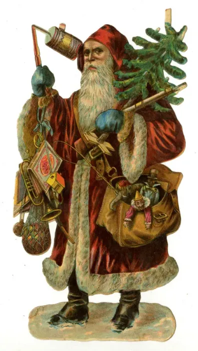 Framed Print : Victorian scrap - Santa with tree and sack of presents Framed Print : Victorian scrap - Santa with tree and sack of presents