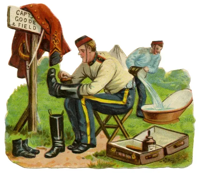 Framed Print : Victorian Scrap - soldiers polishing boots Framed Print : Victorian Scrap - soldiers polishing boots