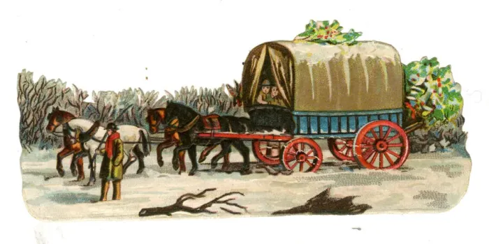 Framed Print : Victorian scrap, Wagon and Horses in Snow Framed Print : Victorian scrap, Wagon and Horses in Snow