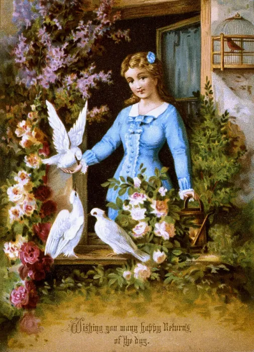 Framed Print : Victorian silk birthday card, Girl and Doves Framed Print : Victorian silk birthday card, Girl and Doves