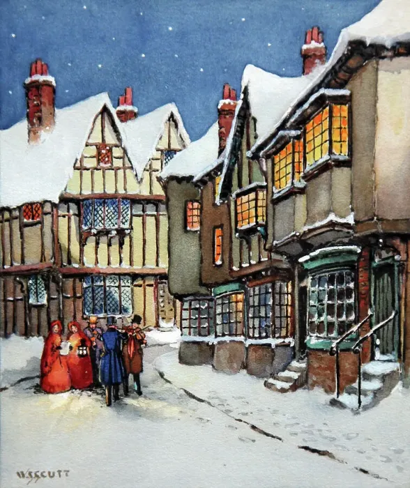 Framed Print : Victorian street scene with carol singers Framed Print : Victorian street scene with carol singers
