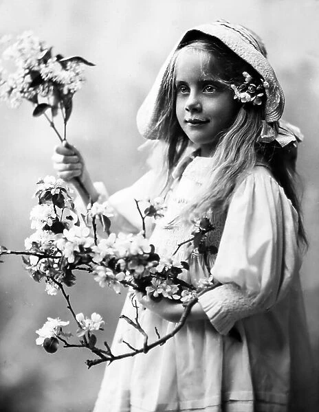 Victorian studio portrait girl with apple blossom