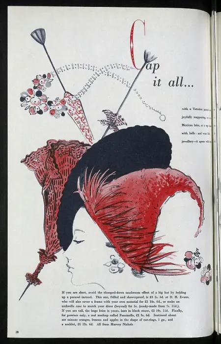 Framed Print : Victorian-style parasols, and a pointed cap. Date: 1954 Framed Print : Victorian-style parasols, and a pointed cap. Date: 1954