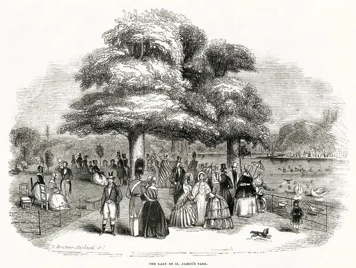 Framed Print : Victorian taking a walk in St James's Park, London, in the summer months. Date: August 1844 Framed Print : Victorian taking a walk in St James's Park, London, in the summer months. Date: August 1844