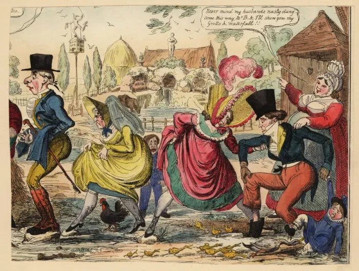 Framed Print : Victorian tourists wading through dung on a farm Framed Print : Victorian tourists wading through dung on a farm