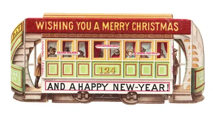 Framed Print : Victorian tram on a Christmas and New Year card Framed Print : Victorian tram on a Christmas and New Year card