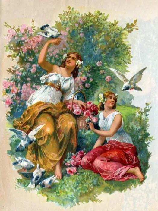 Framed Print : Victorian Transfer design, girls with birds and roses Framed Print : Victorian Transfer design, girls with birds and roses