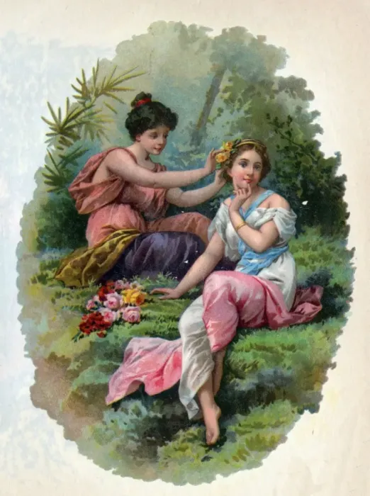 Framed Print : Victorian Transfer design, girls and flowers Framed Print : Victorian Transfer design, girls and flowers