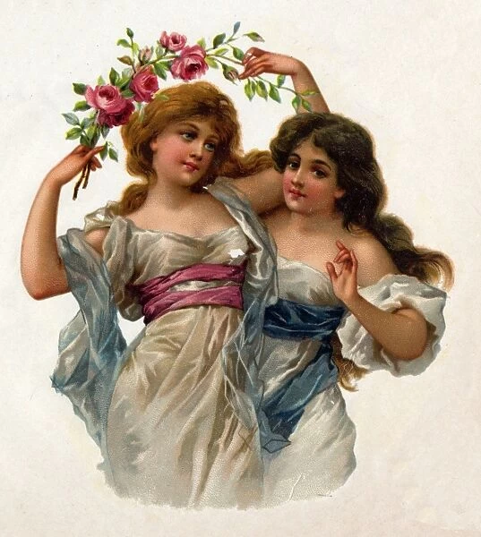 Victorian Transfer design, two girls with roses