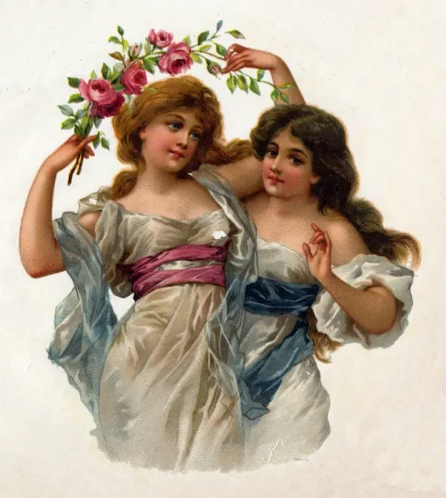 Framed Print : Victorian Transfer design, two girls with roses Framed Print : Victorian Transfer design, two girls with roses