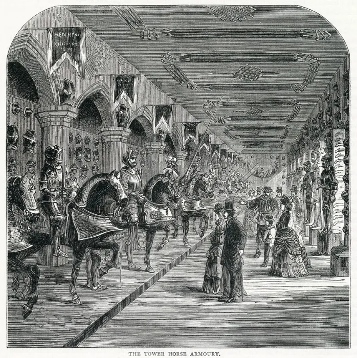 Framed Print : Victorian visitors around the Old Horse Armoury in the Tower of London. Date: circa 1840s Framed Print : Victorian visitors around the Old Horse Armoury in the Tower of London. Date: circa 1840s