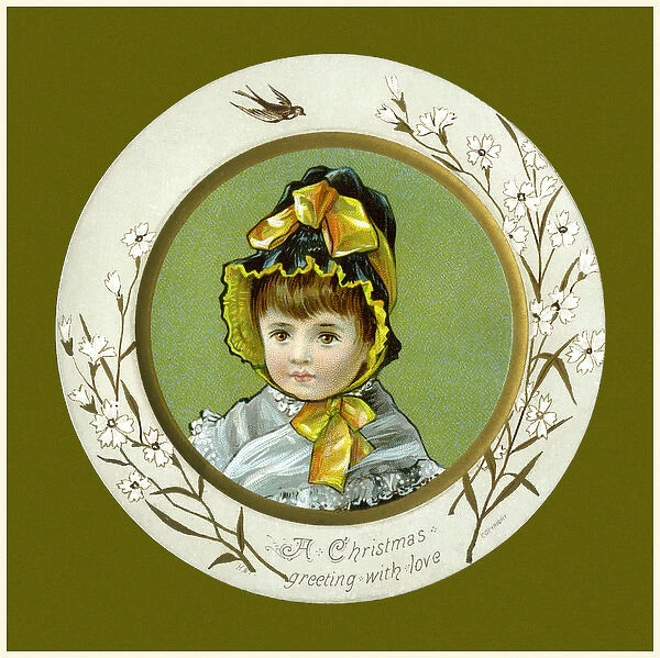 Victorian Xmas card. Circular Xmas card bordered with bird & white flowers