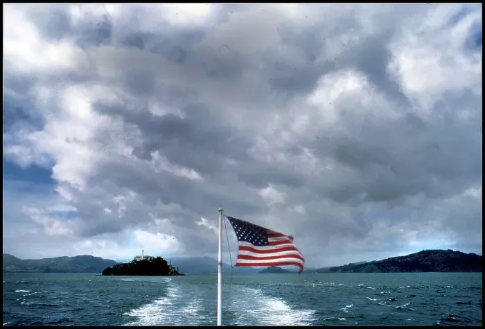 Framed Print : View of Alcatraz from ferry - American Flag, San Francisco Framed Print : View of Alcatraz from ferry - American Flag, San Francisco