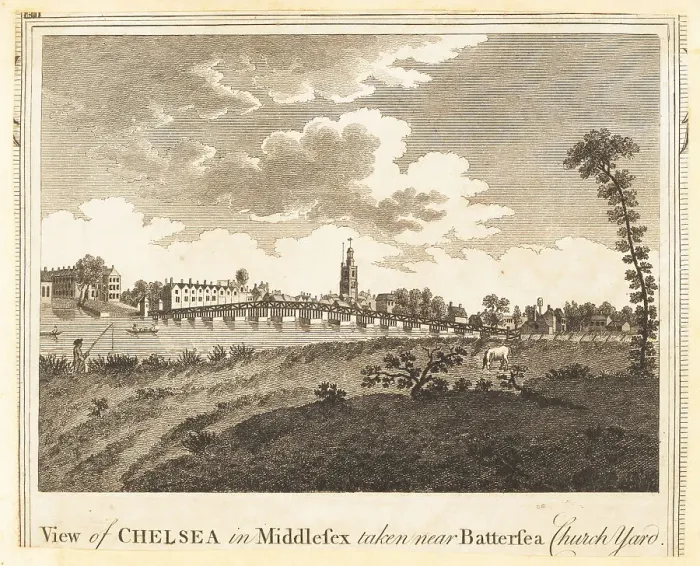 Framed Print : View of Battersea Bridge, Chelsea Old Church, 1784 Framed Print : View of Battersea Bridge, Chelsea Old Church, 1784