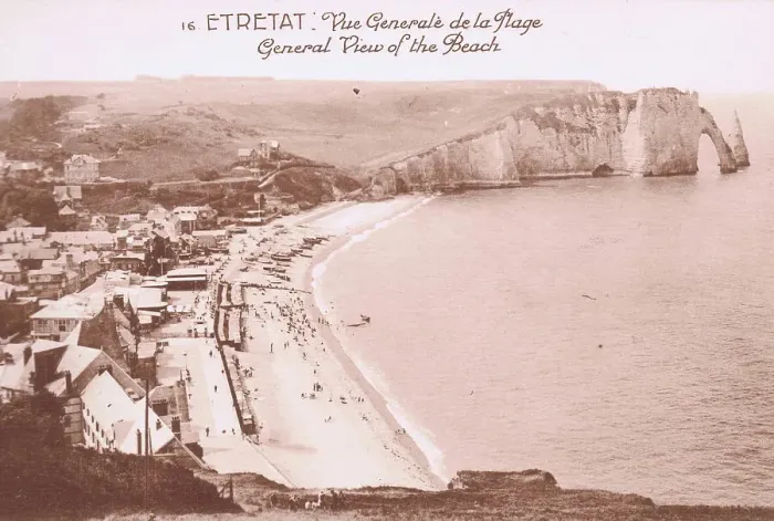 Framed Print : A view of the beach at the resort of Etretat, 1920s Framed Print : A view of the beach at the resort of Etretat, 1920s