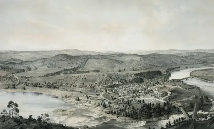Framed Print : View of Bellows Falls Vt. From Table Rock. June, 1855 Framed Print : View of Bellows Falls Vt. From Table Rock. June, 1855