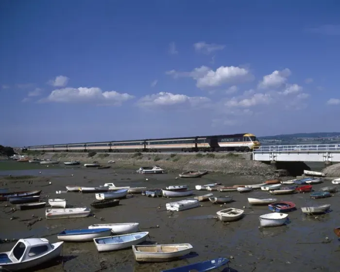 Framed Print : View of boats in the harbour, with train, Cockwood, Devon Framed Print : View of boats in the harbour, with train, Cockwood, Devon