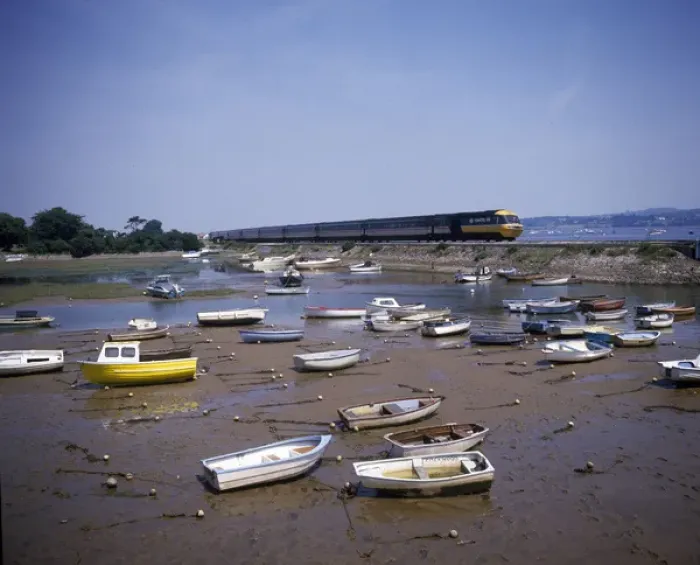 Framed Print : View of boats in the harbour, with train, Cockwood, Devon Framed Print : View of boats in the harbour, with train, Cockwood, Devon