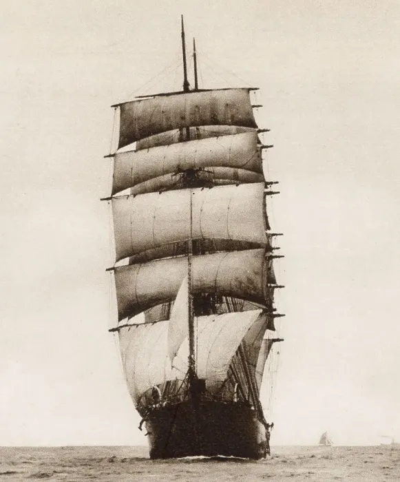 Framed Print : View of the bows of the C.B. Pedersen, the four masted barque then serving as a training ship, which sank during the Grain Race of 1937. Date: 1937 Framed Print : View of the bows of the C.B. Pedersen, the four masted barque then serving as a training ship, which sank during the Grain Race of 1937. Date: 1937
