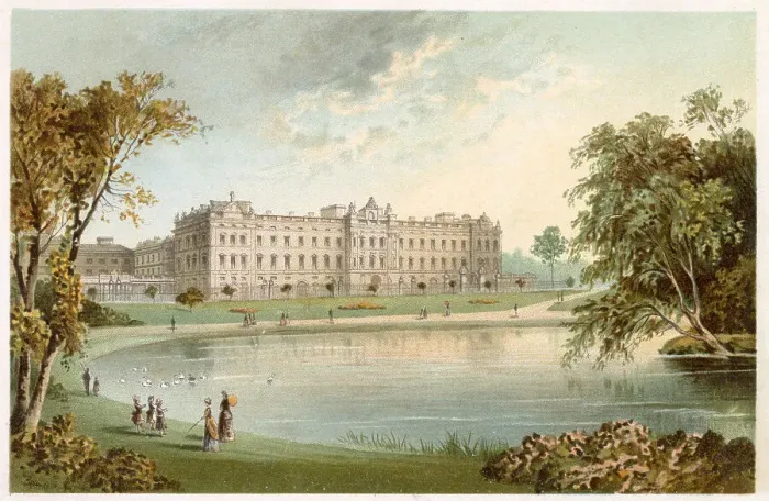 Framed Print : A view of Buckingham Palace across the lake in St James Park. Elegant woman and children stroll around the edge of the lake. Date: circa 1890 Framed Print : A view of Buckingham Palace across the lake in St James Park. Elegant woman and children stroll around the edge of the lake. Date: circa 1890
