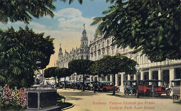 A view of the Central Park taxi stand in Havana, Cuba, 1920s