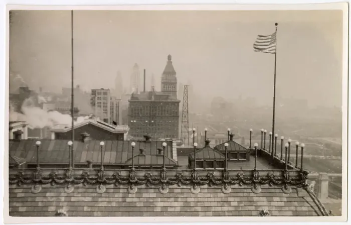Framed Print : View of Chicago with air pollution, looking north (from Stevens Hotel roof), Illinois, USA, showing Blackstone Hotel rooftop. Date: circa 1935 Framed Print : View of Chicago with air pollution, looking north (from Stevens Hotel roof), Illinois, USA, showing Blackstone Hotel rooftop. Date: circa 1935