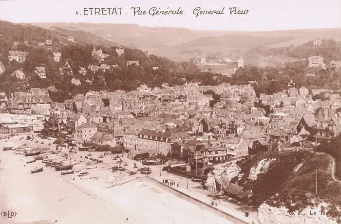 Framed Print : A view of Etretat and the beach, 1920s Framed Print : A view of Etretat and the beach, 1920s