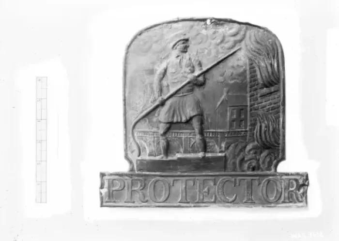 Framed Print : A view of a fireman plaque entitled Protector Framed Print : A view of a fireman plaque entitled Protector