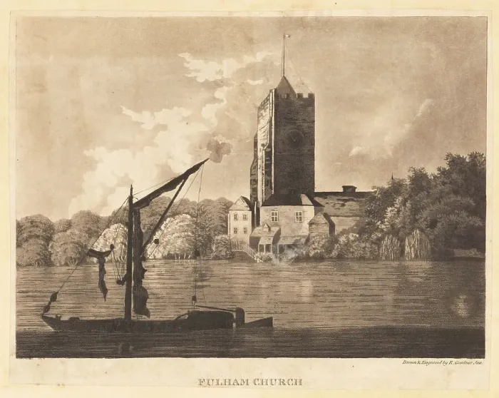 Framed Print : View of Fulham Church from the River Thames, late 18th century Framed Print : View of Fulham Church from the River Thames, late 18th century