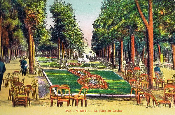 A view of the gardens outside the Casino at Vichy, 1920s